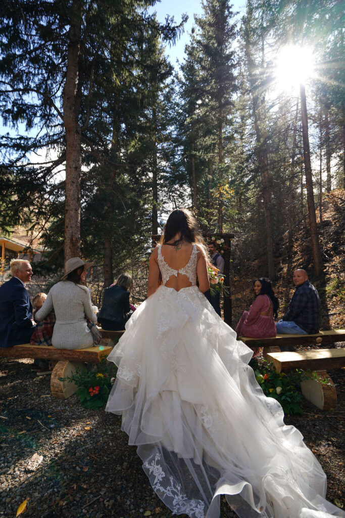 A bride in a flowing white gown walks toward a small outdoor gathering in a sunlit forest, with guests seated on benches among tall pine trees and dappled sunlight streaming through the branches.