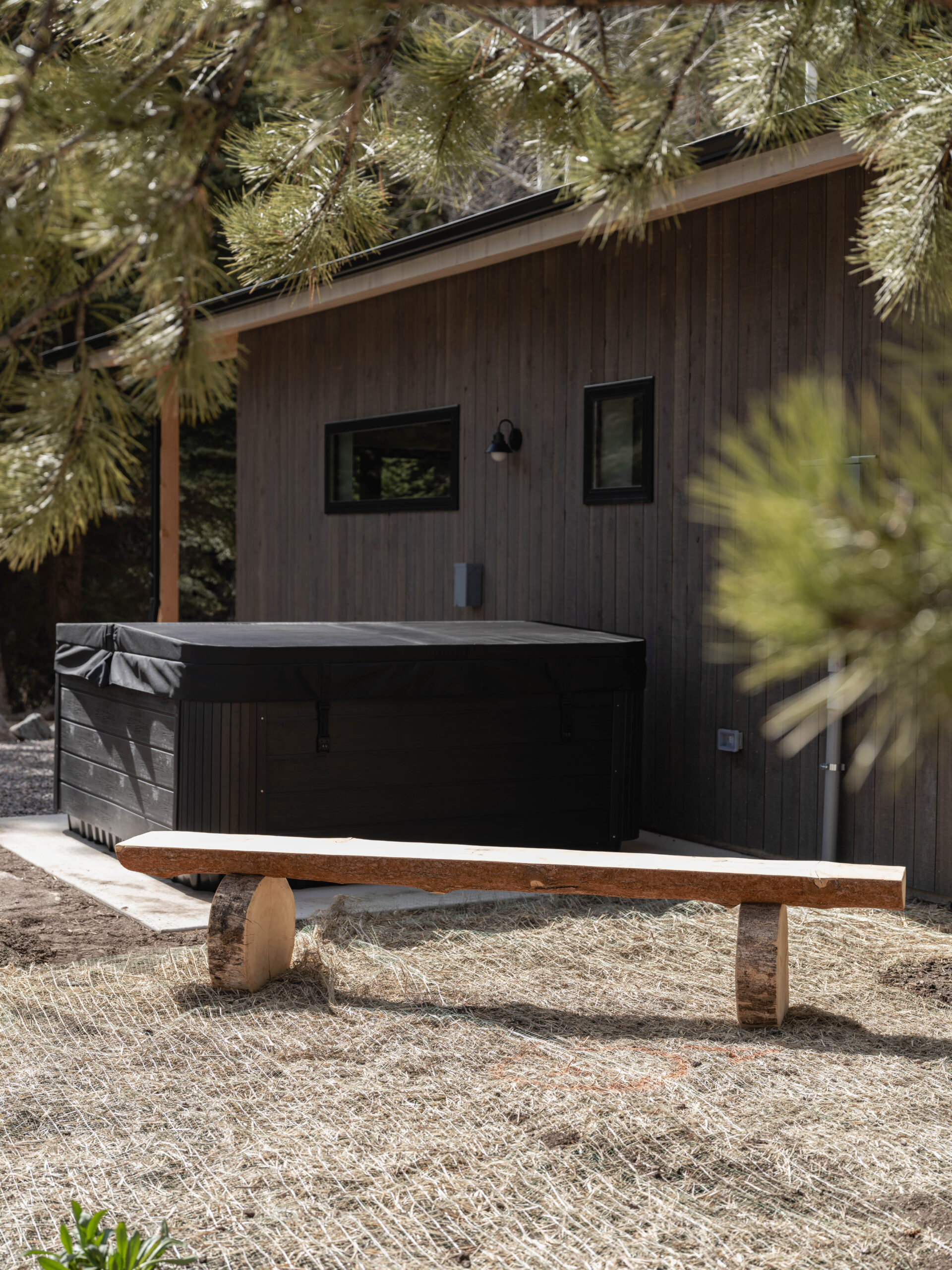 A modern black hot tub sits on a concrete patio beside a dark wooden building, with a rustic wooden bench in the foreground and pine branches framing the scene.