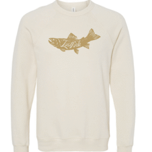 A cream-colored sweatshirt featuring a gold fish graphic with the words "Lost Fork" written inside the fish on the front.