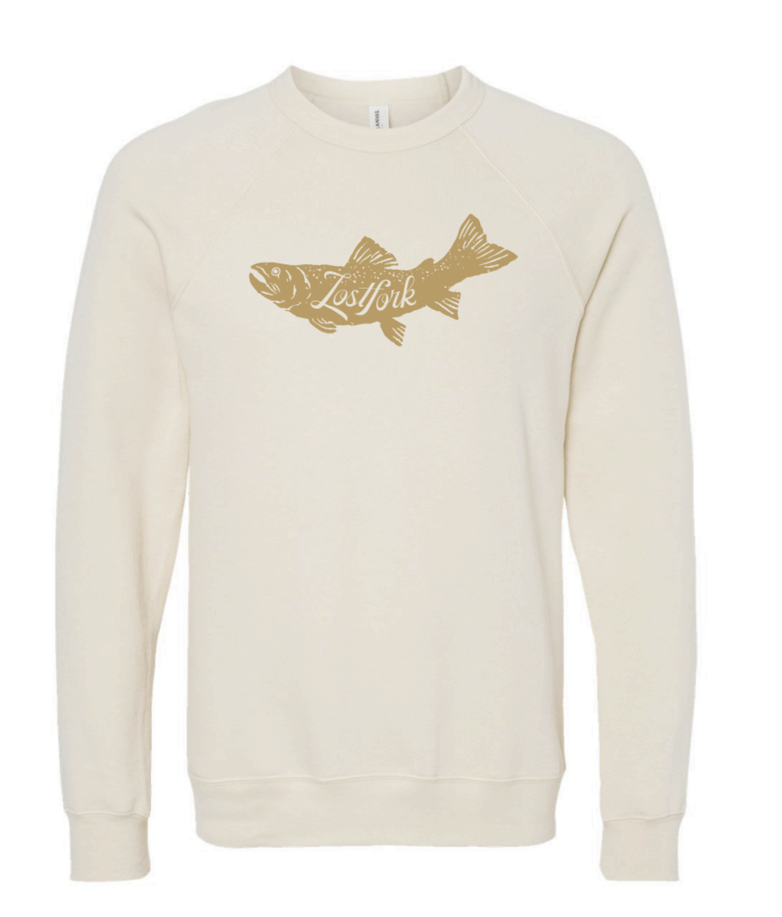 A cream-colored sweatshirt featuring a gold fish graphic with the words "Lost Fork" written inside the fish on the front.