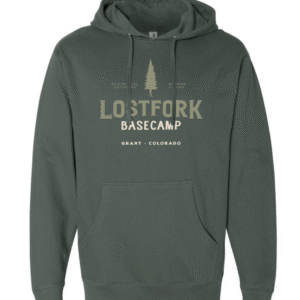 A forest green hoodie with a front pocket, featuring the words "LOSTFORK BASECAMP GRANT, COLORADO" and a pine tree graphic printed in light beige on the chest.