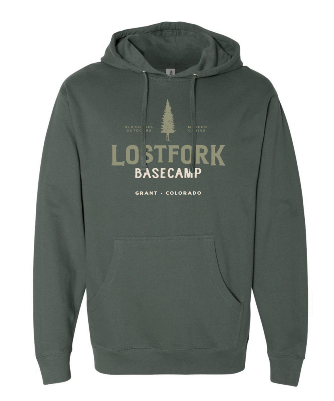 A forest green hoodie with a front pocket, featuring the words "LOSTFORK BASECAMP GRANT, COLORADO" and a pine tree graphic printed in light beige on the chest.