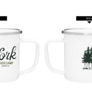 White speckled metal mug with a silver rim. The front has "Lostfork Basecamp Grant Co" in green text. The back features a green illustration of a cluster of pine trees.