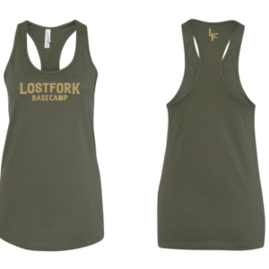 A sleeveless, olive green racerback tank top shown from the front and back. The front has "LOSTFORK BASECAMP" printed in gold letters; the back has small gold "LF" initials near the neckline.