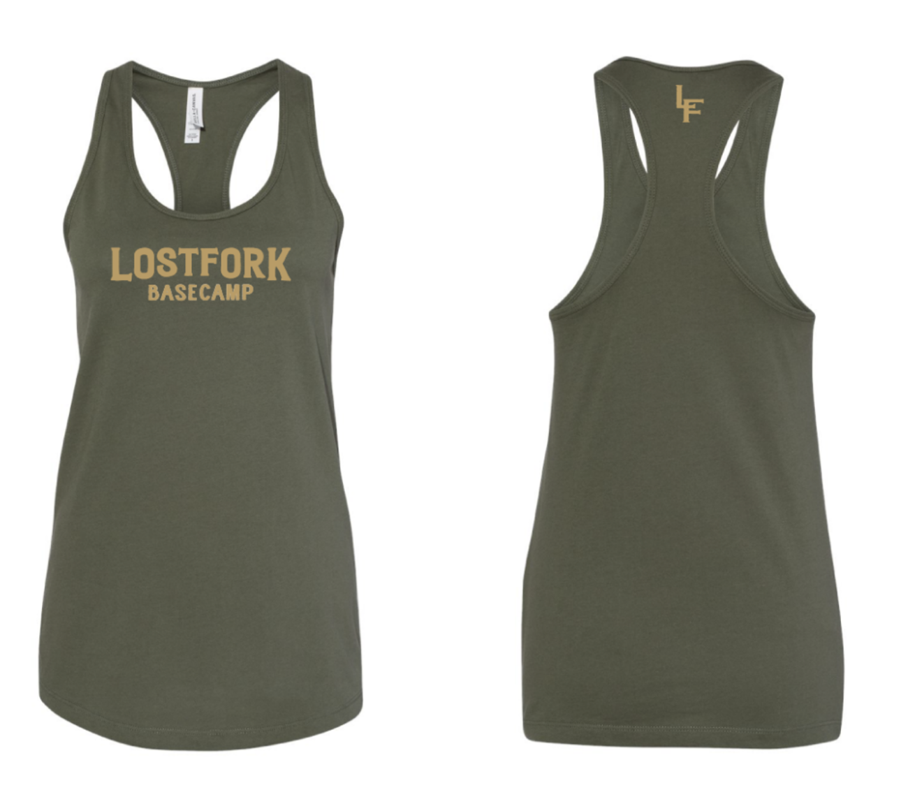 A sleeveless, olive green racerback tank top shown from the front and back. The front has "LOSTFORK BASECAMP" printed in gold letters; the back has small gold "LF" initials near the neckline.