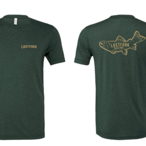 Dark green t-shirt with "LOSTFORK" printed in yellow on the front left chest and a large yellow fish outline with "LOSTFORK BASECAMP" text on the back. Front and back views are shown.