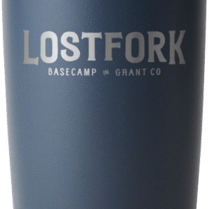 A navy blue insulated tumbler with a stainless steel rim and lid. The tumbler has "LOST FORK BASECAMP in GRANT CO" printed in white and "YETI" embossed near the bottom.