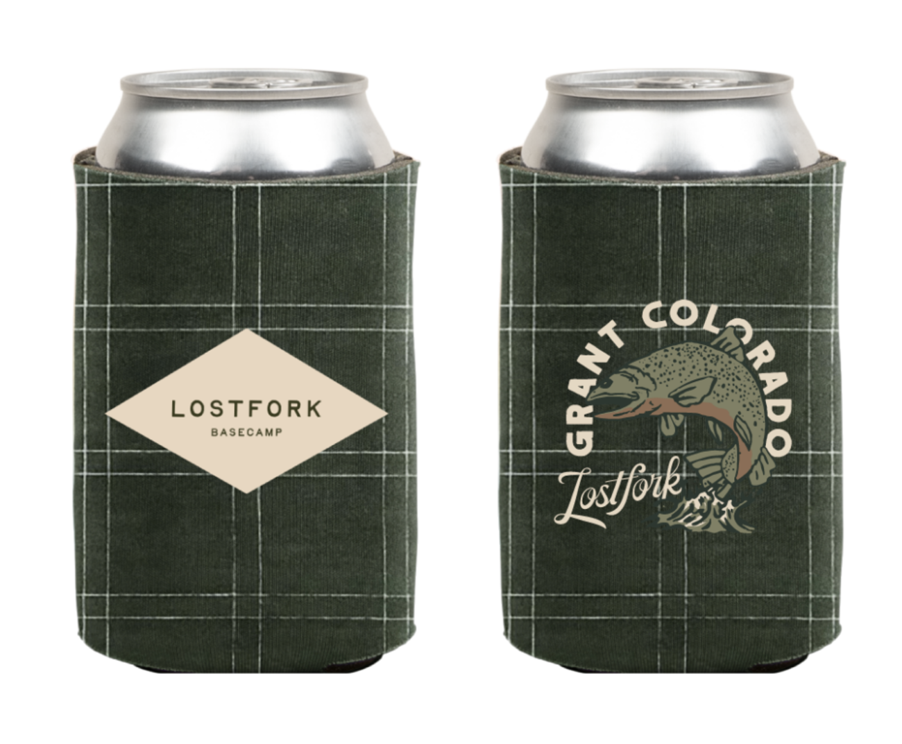Two dark green plaid can coolers each holding a silver can. One cooler has a diamond-shaped "LOSTFORK BASECAMP" label; the other shows a fish illustration with "GRANT COLORADO Lostfork" text.