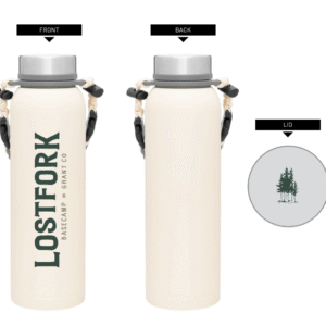 A cream-colored water bottle with a paracord handle is shown from the front and back. The front reads "LOSTFORK BASECAMP GRANT CO." The circular lid features a small illustration of pine trees.