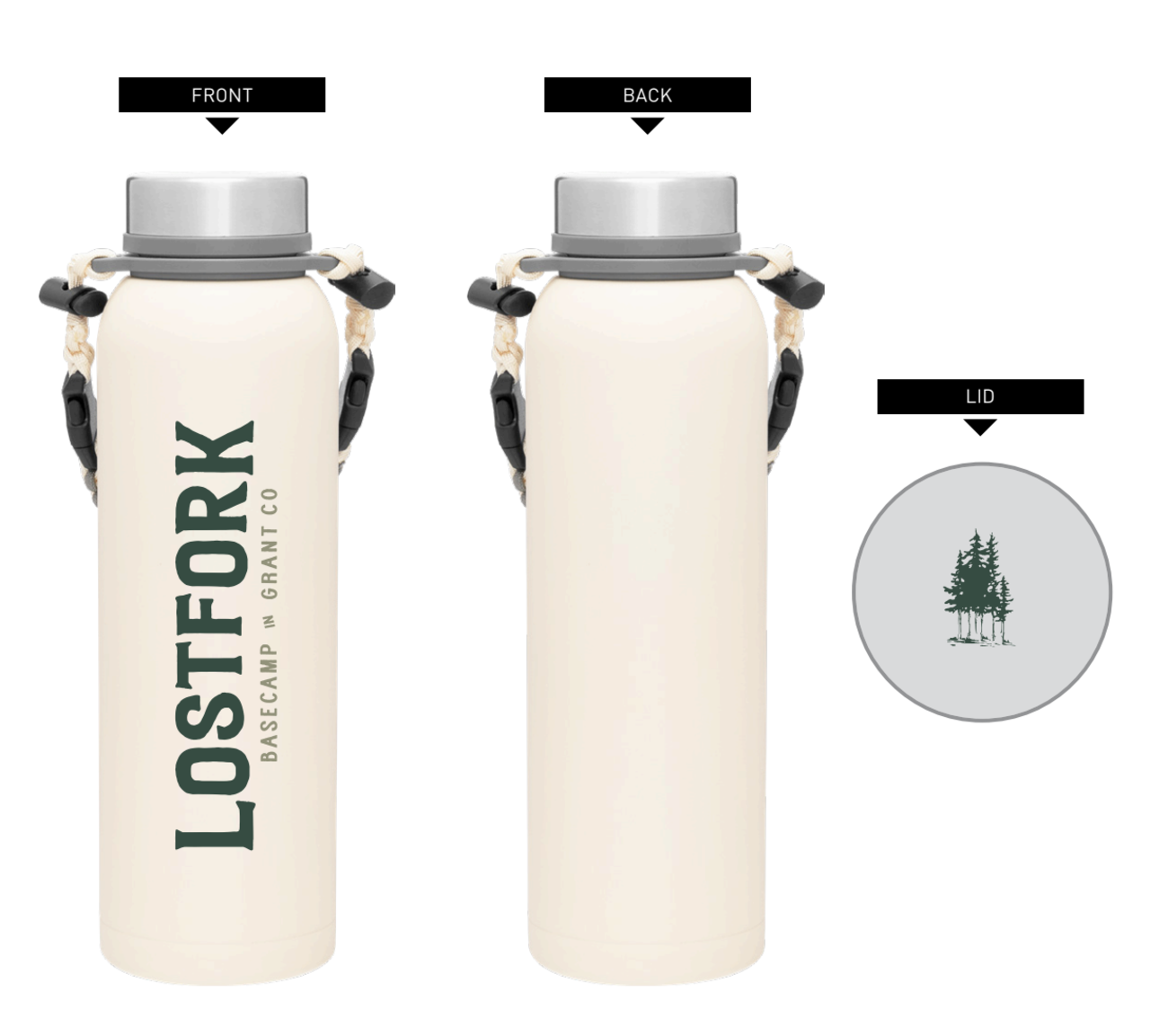 A cream-colored water bottle with a paracord handle is shown from the front and back. The front reads "LOSTFORK BASECAMP GRANT CO." The circular lid features a small illustration of pine trees.