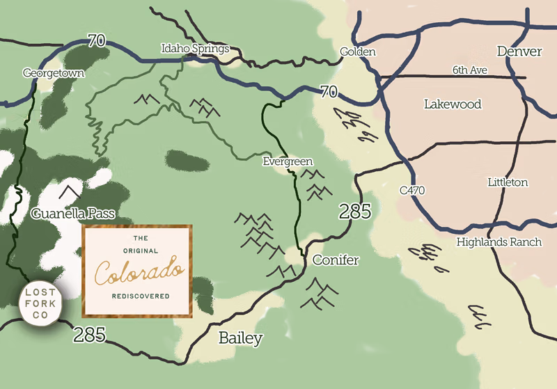 A map of southwest Denver, Clear Creek, and Park Counties, showing Lostfork Basecamp at the junction of Hwy 285 and Guanella Pass